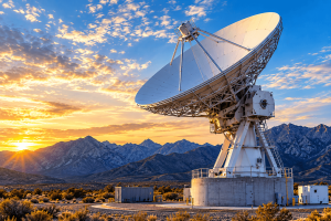 Large satellite ground station antenna at sunset